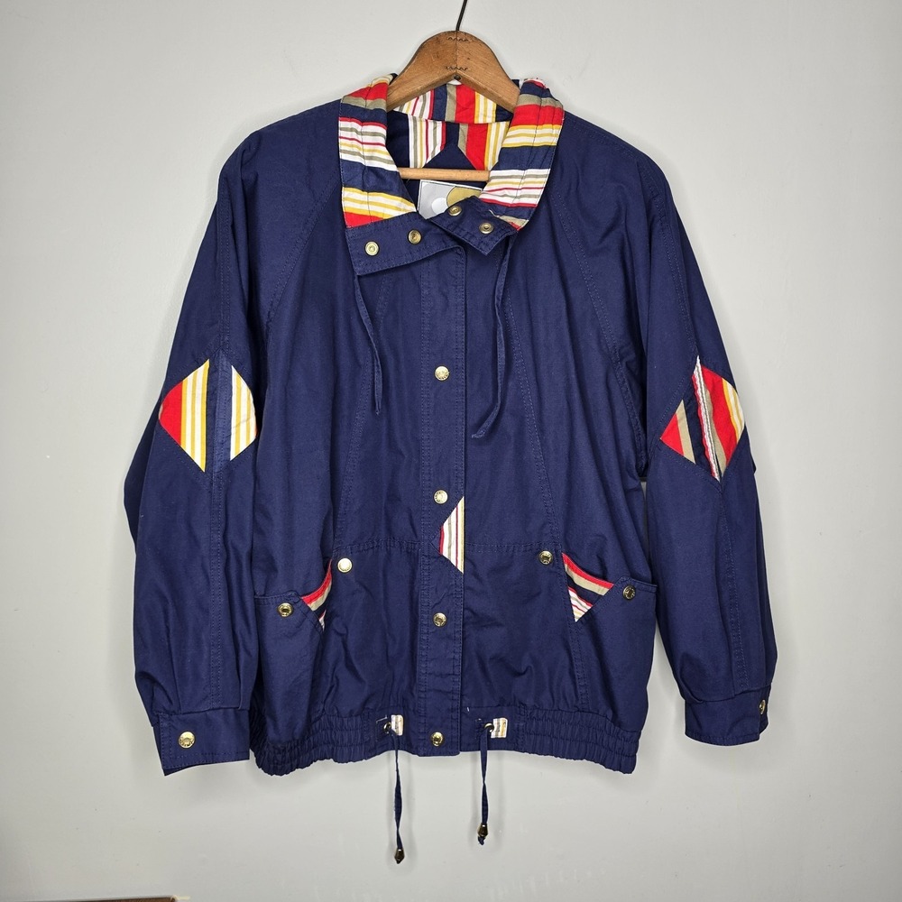 Current Seen Vintage Navy Blue Striped Windbreaker Jacket Gold Snaps Small